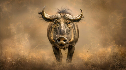 Warthog: A warthog photographed with a ground-level angle to emphasize its rugged features and...