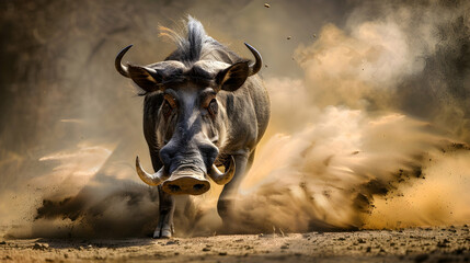 Warthog: A warthog photographed with a ground-level angle to emphasize its rugged features and tusks, set against a dusty savannah background with copy space