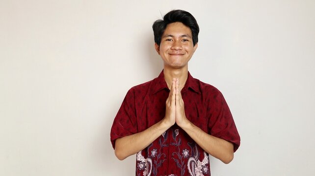 Excited handsome young Asian man dressed in batik with greeting gesture