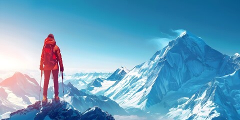 A lone trekker scaling a snowy mountain peak in the Himalayas facing the challenge of the climb with determination and a sense of adventure - obrazy, fototapety, plakaty