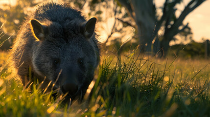 Wombat: A wombat grazing, shot in soft evening light to emphasize its burly form and peaceful demeanor, set against a grassy field background with copy space