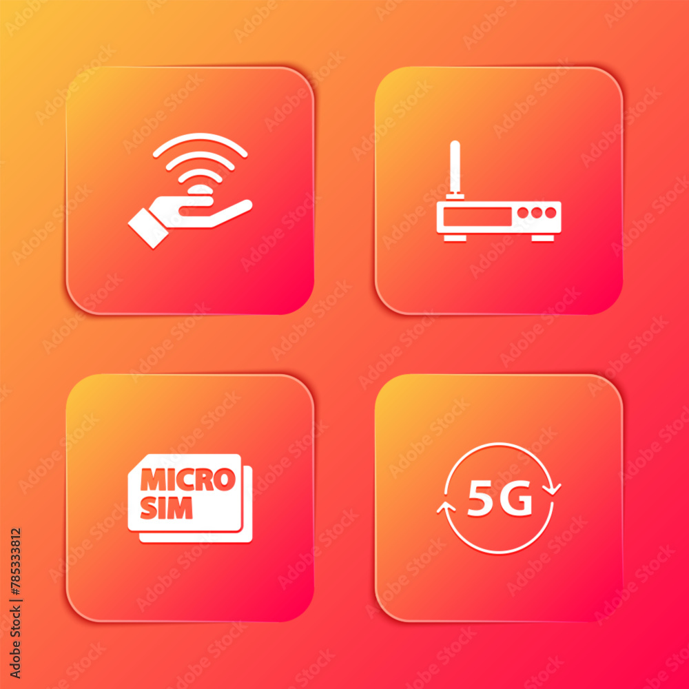 Poster set 5g network, router and wi-fi signal, micro sim card and icon. vector