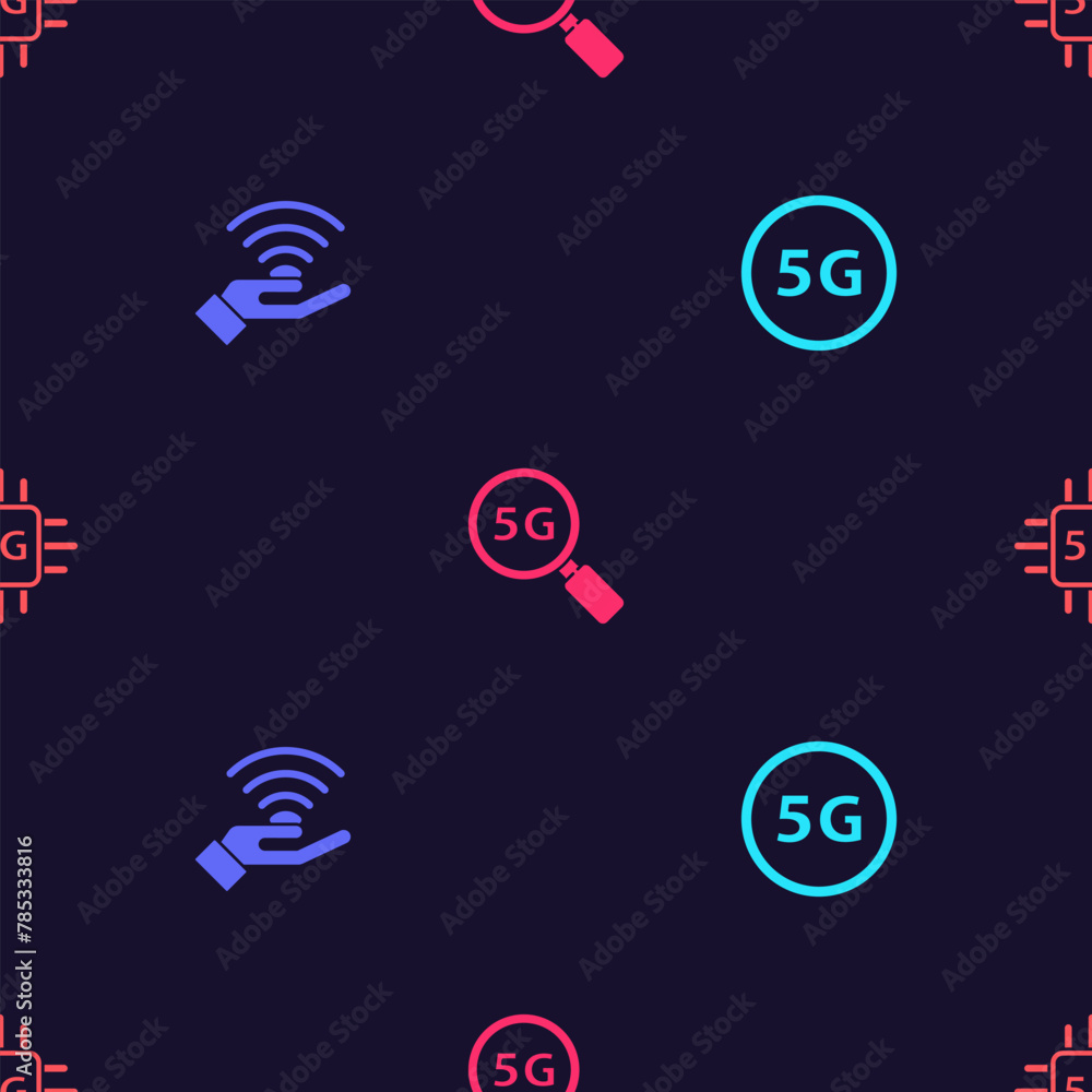 Poster set 5g network, , search and processor on seamless pattern. vector