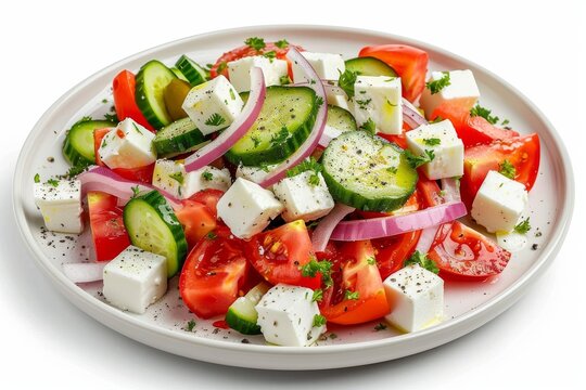 Greek salad in light plate isolated, villages salad, horiatiki salat made with tomatoes, diced feta