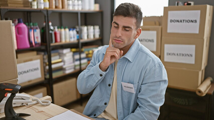 Thoughtful young hispanic man volunteering at charity center, sitting at table contemplating in room, attractive adult caught in a moment of doubt during community service work.