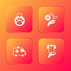 Set Heart with animals footprint, Leaf hand, Ambulance car and Clothes donation icon. Vector