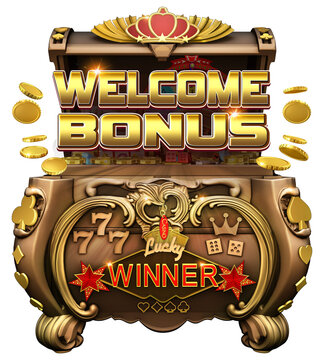An opulent treasure chest overflowing with a bounty of welcome bonus rewards, its ornate design capturing the luxury and excitement of casino gaming. 3D illustration