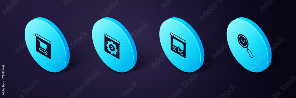 Poster set isometric magnifying glass with check mark, ui or ux design, browser setting and online shopping