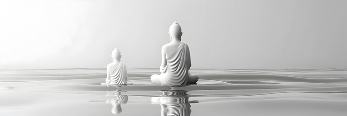 White Buddha statue placed on a white background With reflection 