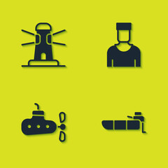 Set Lighthouse, Inflatable boat with motor, Submarine and Sailor captain icon. Vector