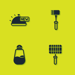 Set Covered with tray of food, Barbecue steel grid, Salt and Kitchen hammer icon. Vector