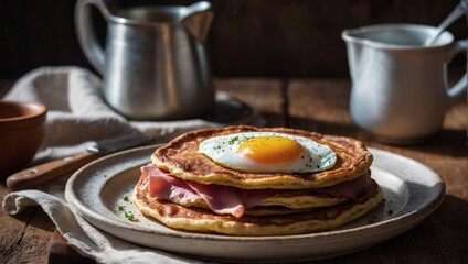 Homemade galettes de sarrasin. Breton buckwheat pancakes with ham, cheese, and a sunny-side-up egg on a rustic table. Traditional Breton cuisine.