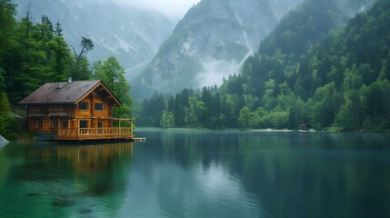 Fototapeta na wymiar Tranquil Retreat Amidst Misty Mountain Lake. Concept Nature Photography, Mountain Landscape, Serene Atmosphere, Relaxing Environment, Misty Lake