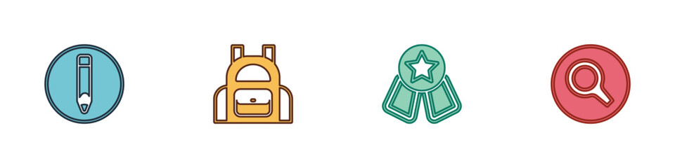 Set Pencil, School backpack, Medal with star and Magnifying glass icon. Vector