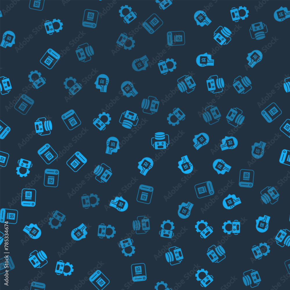 Poster set robot setting, humanoid robot, artificial intelligence and ai on seamless pattern. vector