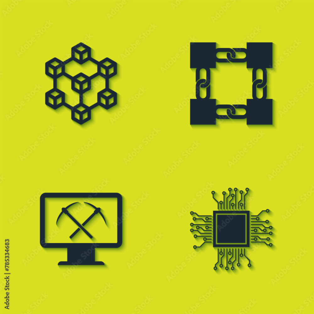 Poster set blockchain technology, processor, mining with monitor and pickaxe and icon. vector