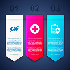 Set Invisible or hide, Medical cross in circle and Clipboard with medical insurance. Business infographic template. Vector