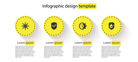 Set Clock and gear, Shield with check mark, and Waterproof. Business infographic template. Vector