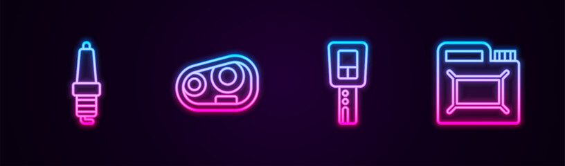 Set line Car spark plug, headlight, key with remote and Canister for motor oil. Glowing neon icon. Vector