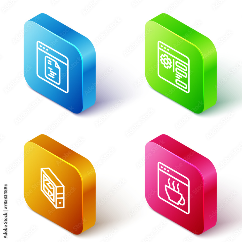 Poster set isometric line software, browser setting, computer and icon. vector