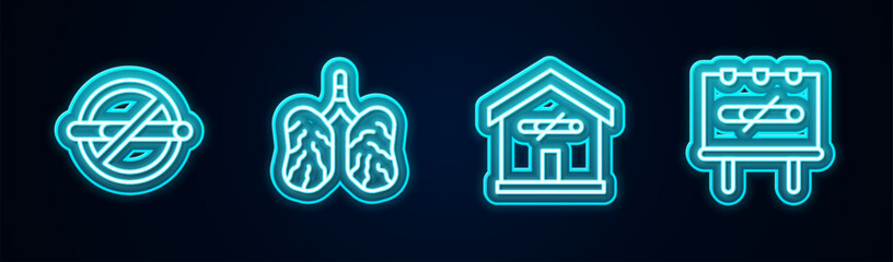 Set line No smoking, Disease lungs, at home and . Glowing neon icon. Vector