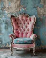 Vintage Pink Armchair in a Retro-Styled Grunge Room with Peeling Blue Walls