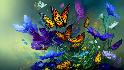 Modern Abstract Art Using a Vibrant Butterfly and Flower Effect Evolving into Colorful 3D Like Dynamic Thick Oil Splash, Spray and Symmetrical Effects