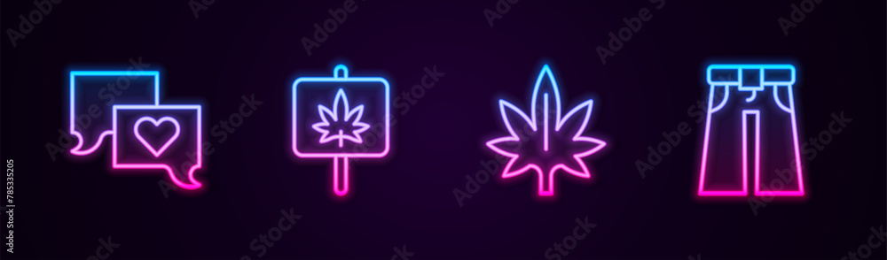 Wall mural set line speech bubble chat, marijuana, and jeans wide. glowing neon icon. vector