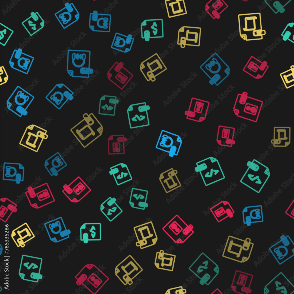 Poster set line mp3 file document, html, js and wav on seamless pattern. vector