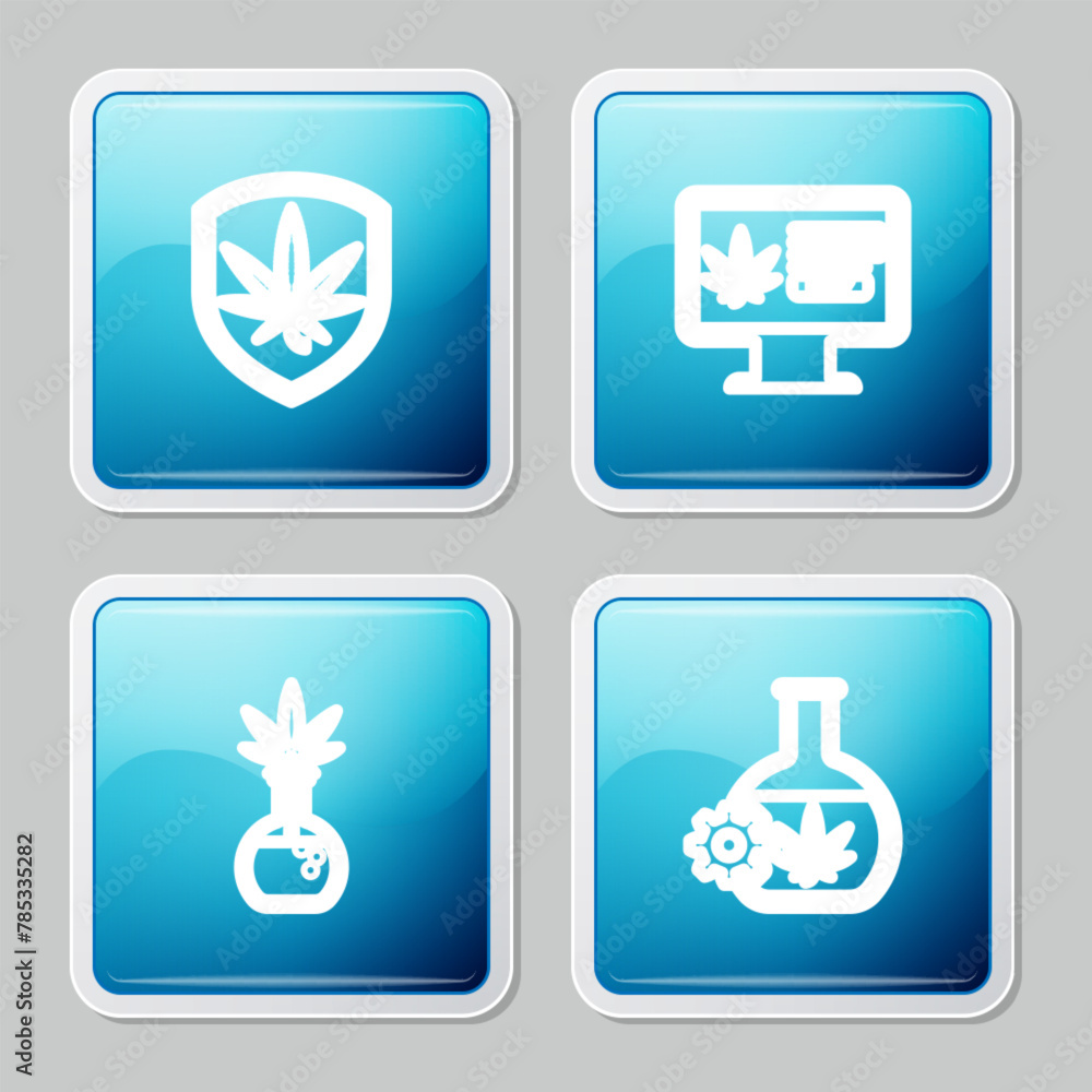 Wall mural Set line Shield and marijuana, Online buying, Test tube with and icon. Vector