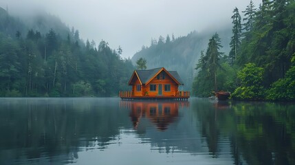 Fototapeta na wymiar Tranquil Cabin Retreat by Misty Waters. Concept Cabin Retreat, Misty Waters, Tranquil Views, Nature Photography, Relaxation Escape