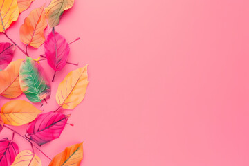 Multicolored autumn leaves on a pink background. There is a copy space nearby.