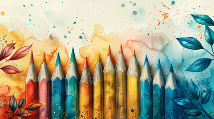 Watercolor colored pencils with drips and splashes. - obrazy, fototapety, plakaty