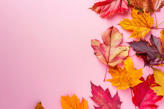 Multicolored autumn leaves on a pink background. There is a copy space nearby.