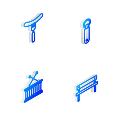 Set Isometric line Bottle opener, Sausage on the fork, Musical drum and sticks and Bench icon. Vector