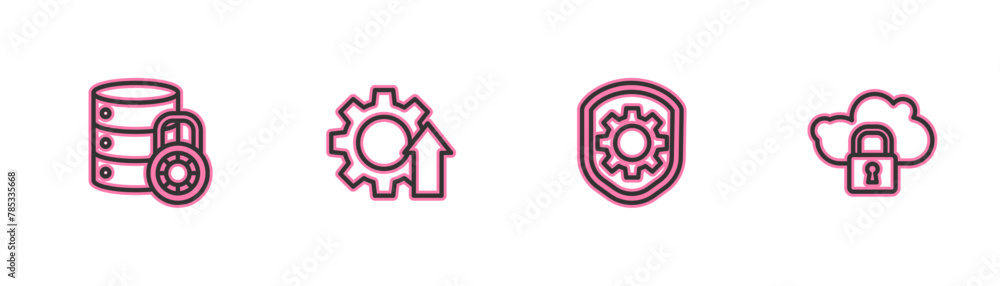 Poster set line server security with lock, shield settings gear, arrow growth and cloud computing icon. vec