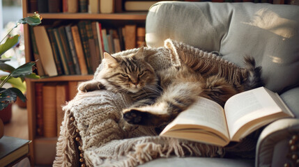A cat relaxes on top of a couch next to a book, looking comfortable and content in a cozy indoor setting