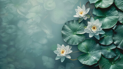 Beautiful white water lily or lotus flower in pond, top view.