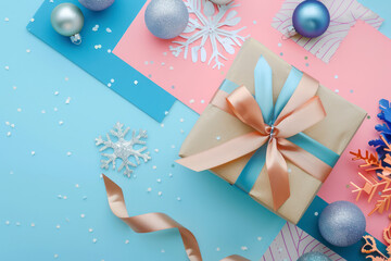 Present box wrapped with a ribbon, decorative balls and snowflake on colorful paper background.