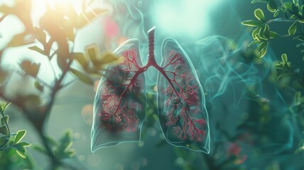 Human lungs in natural sunlit environment - Illustration of human lungs superimposed on a natural backdrop lit by sunlight promoting healthy living - obrazy, fototapety, plakaty