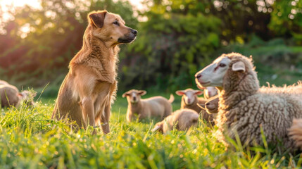 Fototapeta premium A dog stands amidst a herd of sheep in a vast field, observing its surroundings