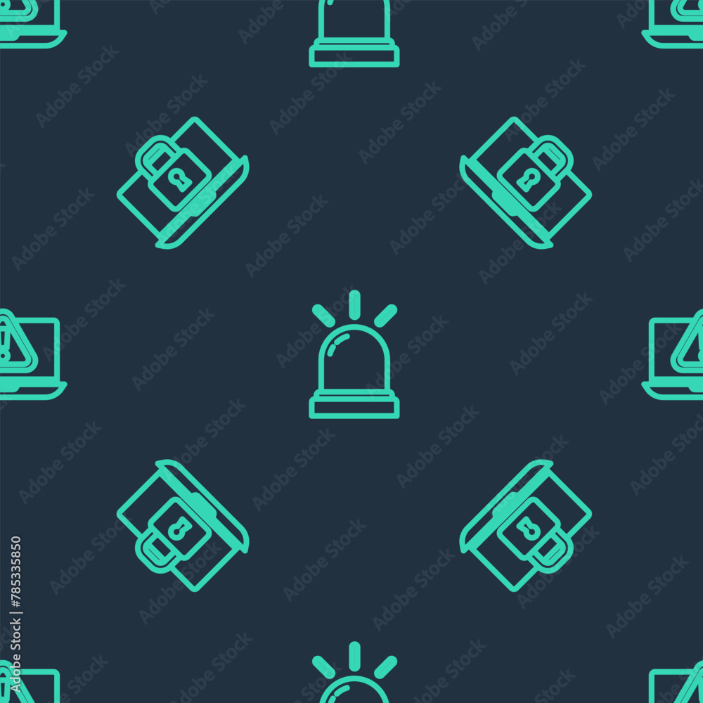 Poster set line motion sensor, laptop and lock and with exclamation mark on seamless pattern. vector