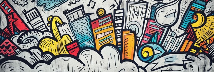 Colorful urban graffiti art on a wall - A wide mural featuring a vibrant blend of buildings and whimsical shapes in a dynamic urban graffiti art style - obrazy, fototapety, plakaty