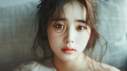 Naklejka premium Asian woman with melancholic expression - A young Asian woman with delicate features has a melancholic look in a soft-focus portrait