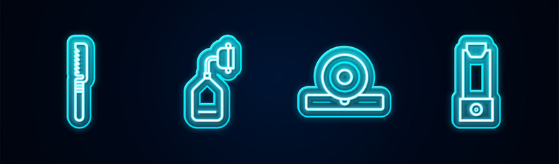 Set line Medical saw, oxygen mask, Otolaryngological head reflector and Inhaler. Glowing neon icon. Vector