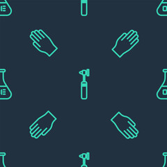 Set line Medical otoscope tool, rubber gloves and Test tube and flask on seamless pattern. Vector