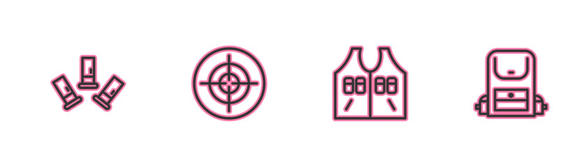 Set line Cartridges, Hunting jacket, Target sport and Hiking backpack icon. Vector