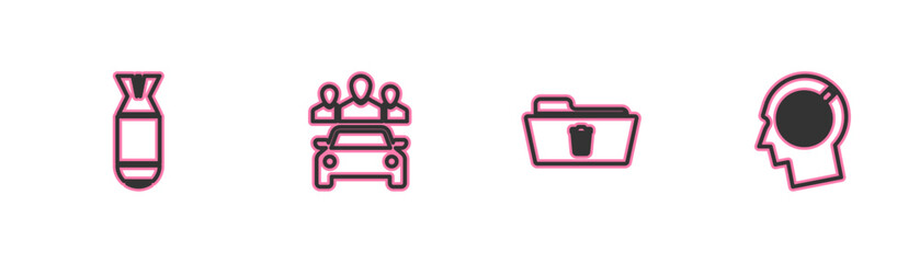 Set line Aviation bomb, Delete folder, Car sharing and Head hunting concept icon. Vector