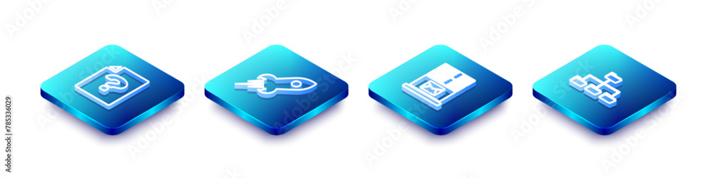 Poster set isometric line unknown document, rocket ship with fire, mail server and folder tree icon. vector
