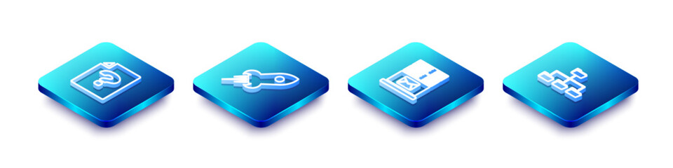 Set Isometric line Unknown document, Rocket ship with fire, Mail server and Folder tree icon. Vector